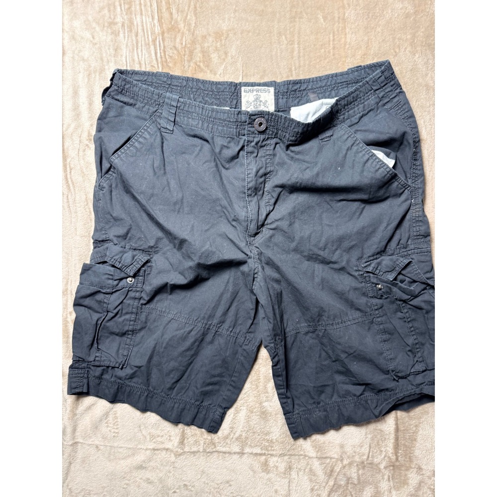 Express Mens Black Cargo Shorts Cotton Multi Pocket Casual Outdoor‎ Size 36